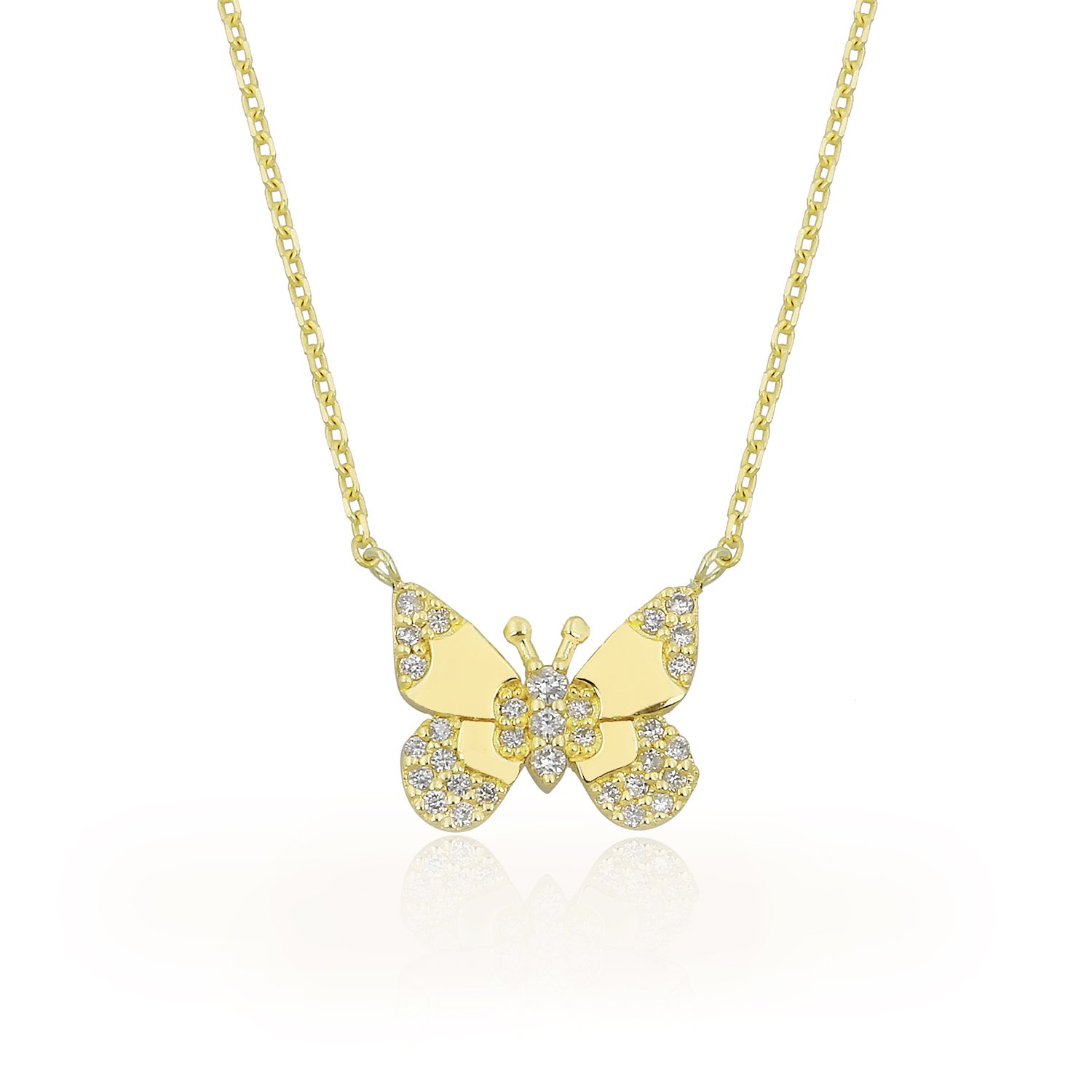 14K BUTTERFLY DIAMOND STONES NECKLACE 14K YELLOW GOLD