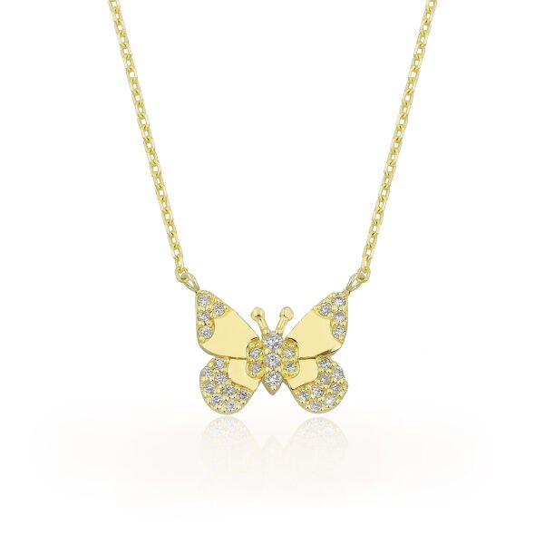 14K BUTTERFLY DIAMOND STONES NECKLACE 14K YELLOW GOLD