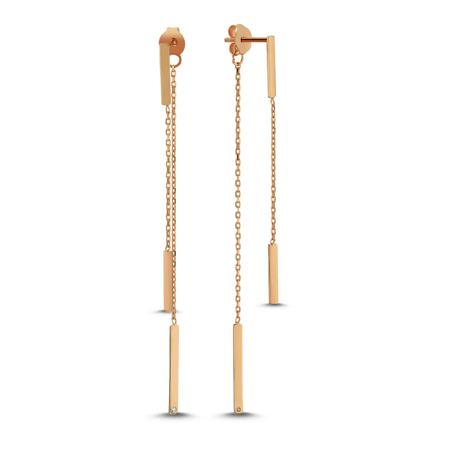 14K BAR CHAIN DIAMOND STONE STUD DAINTY EARRINGS 14K ROSE GOLD