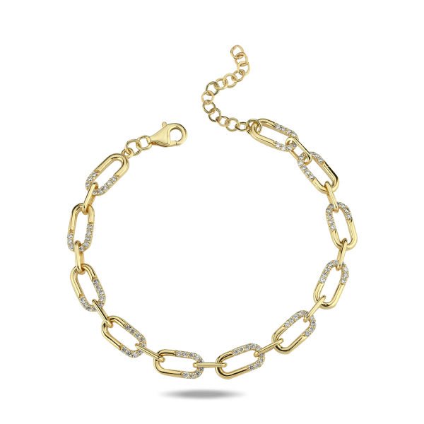 14K CHAIN SHAPE  HALF PART DIAMOND STONES BRACELET 14K YELLOW GOLD